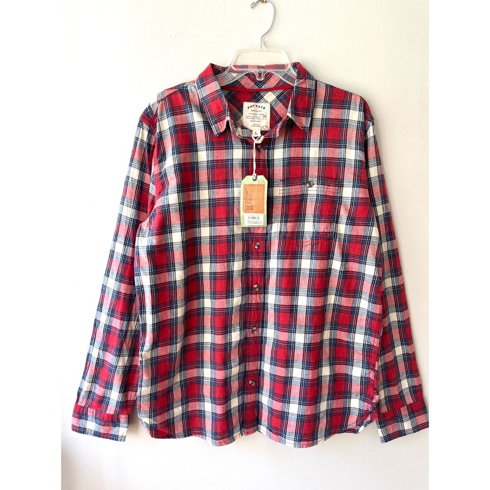 Fat Face Sz‎ L Red Blue Plaid Long Sleeve Pockets Cotton Shirt Top Button Down